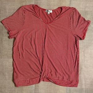 Jillian N Red/White Striped Short-Sleeved V-Neck Top, Size PL